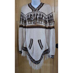Ecologic Arts Alpaca Poncho hooded Sweater  Beige/Brown boho tribal Aztec Print